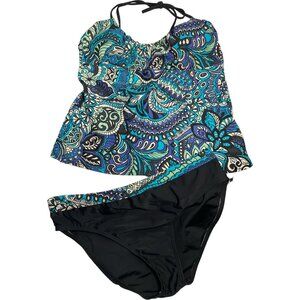 ST. JOHN'S BAY Womens Tankini Green Black Two Piece Sz 8 Paisley Floral Halter
